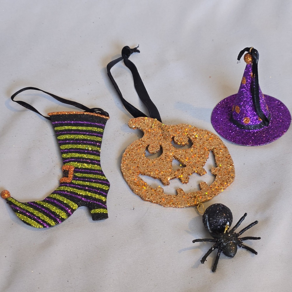 Halloween Glitter Ornament Lot Witch Boot Hat Jack O Lantern Spider Set of 3 - Picture 4 of 8